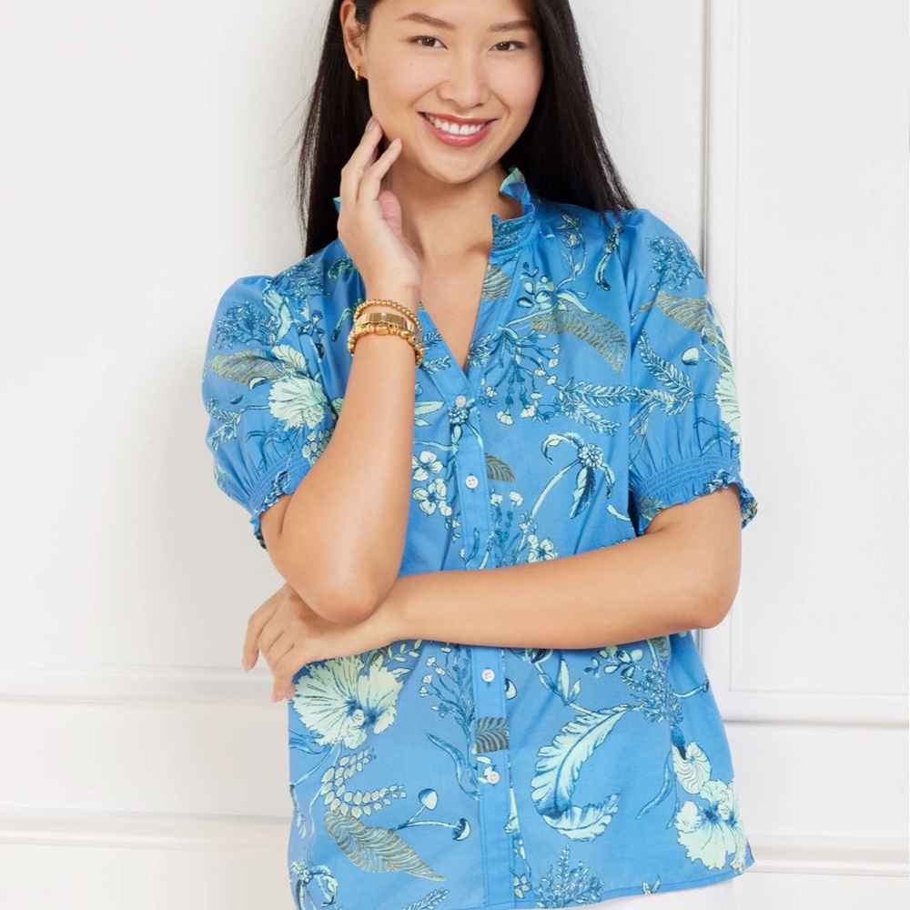 Talbots Blue Floral Blouse Smocked Sleeve Top - Leafy Garden 2X